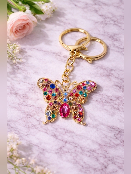 Accessories - Gold Butterfly Keychain with Multicolored Gemstones